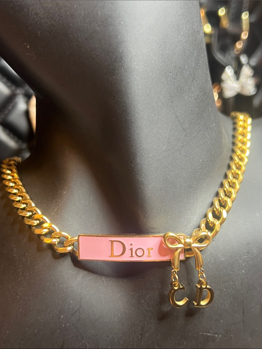 Gold Chain Necklace with Pink Logo Plaque